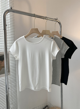 夏季新款灰色短袖T恤女小个子修身显瘦上衣气质百搭纯色体恤衫