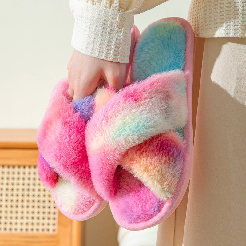 跨境秋冬炫彩交叉毛毛开口拖鞋女士室内家用木地板阻滑棉拖鞋冬,居家布艺,居家棉拖/棉鞋,淘宝优惠券,粉丝福利购,淘宝优惠卷