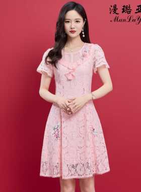 89A17夏季新款蕾丝连衣裙女大码胖mm遮肚显瘦减龄气质裙子