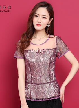 88905 夏女士上衣短袖网纱蕾丝百搭性感