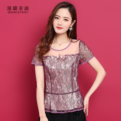 88905 夏女士上衣短袖网纱蕾丝百搭性感
