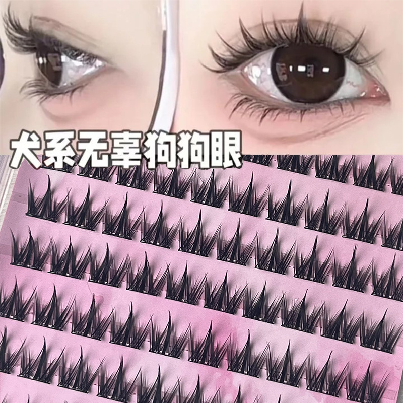 10排免胶软萌犬系圆眼款假睫毛女自然仿真狗狗眼单簇分段100