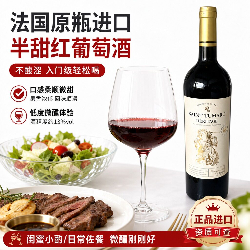 法国原瓶进口半甜红葡萄酒 圣图玛哥牌 梅洛 赤霞珠 红酒送礼红酒