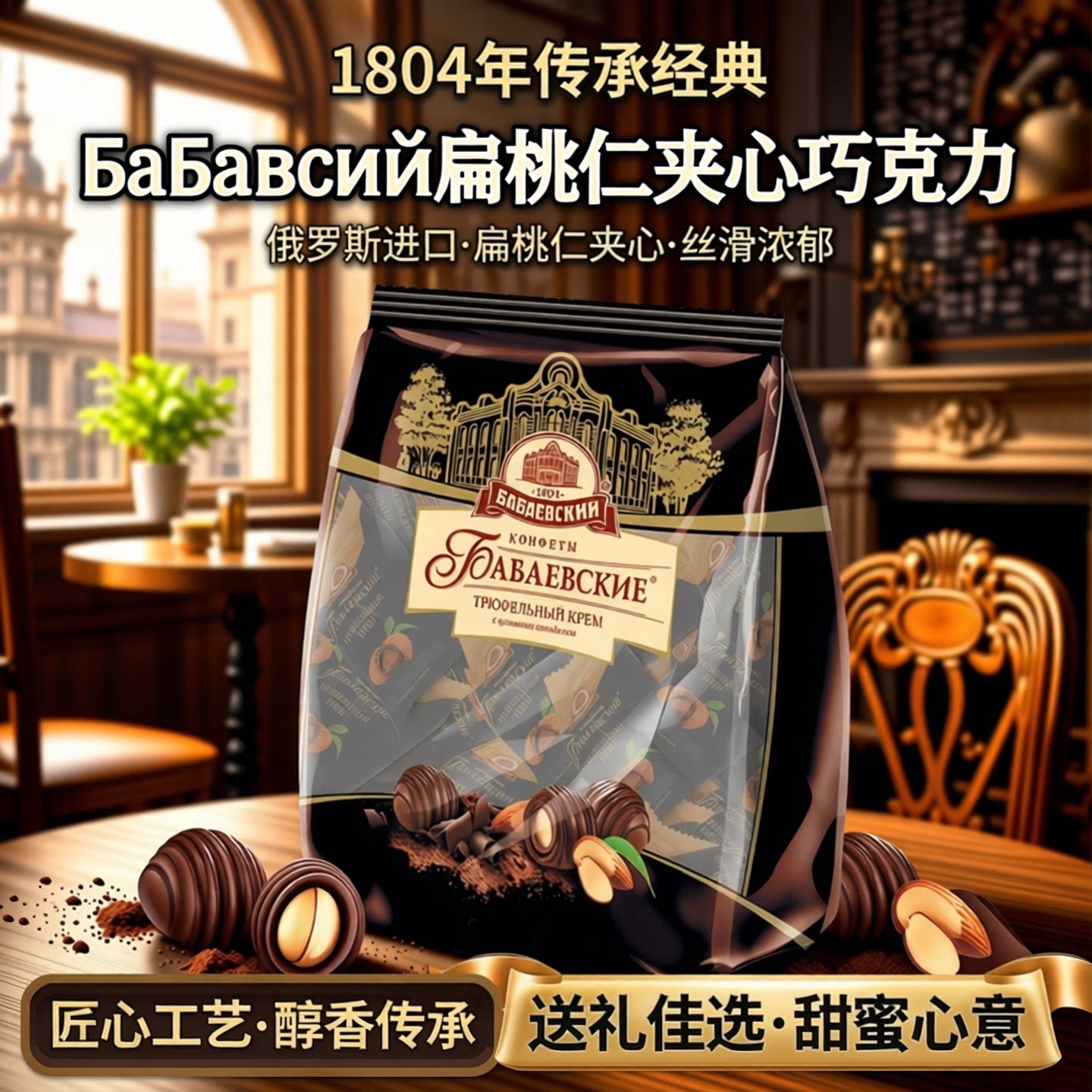 俄罗斯巧克力进口松露巴味富扁桃仁夹心黑巧克力球礼物零食糖果