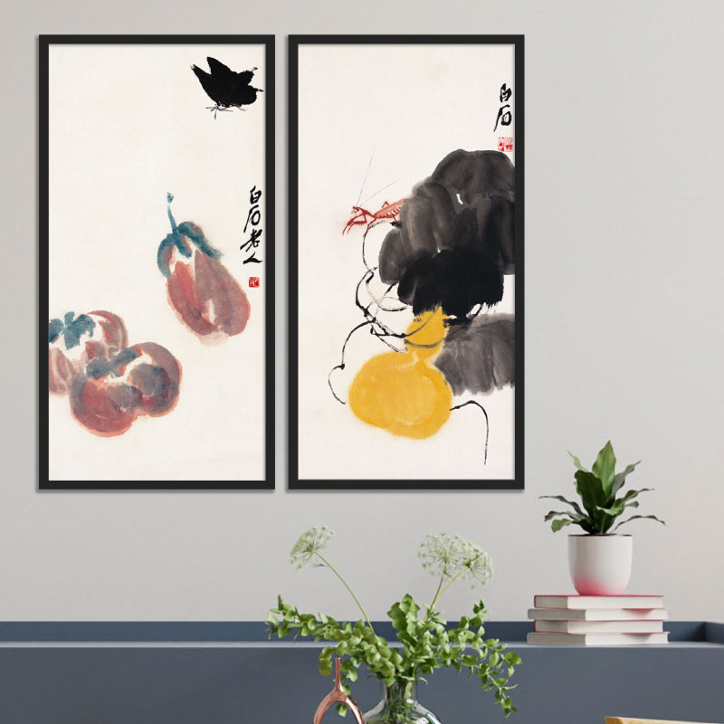 齐白石花果蔬虫草写意花卉国画竖款定制布画芯玄关书房喷绘装饰画