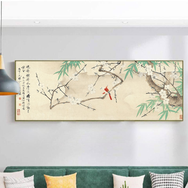 于非闇雪梅丹雀图工笔花鸟国画喷绘布画芯餐厅客厅大装饰画背景墙