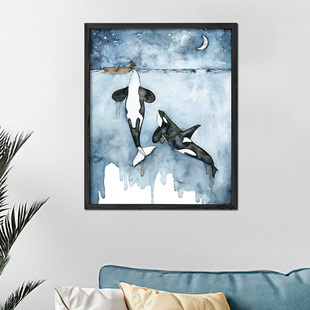 男孩女孩与鲸鱼高清喷绘印制简约现代艺术厚油布画芯无画框装饰画