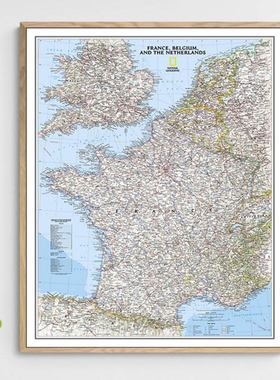 法国比利时及荷兰地图法语英语竖款仿古蓝色办公室教室装饰布画芯