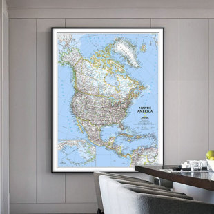 北美洲地图英文仿古蓝色背景墙简约无框现代大型布办公教室装饰画