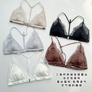 真丝三角杯前扣文胸 桑蚕丝无钢圈薄款法式睫毛蕾丝交叉美背内衣
