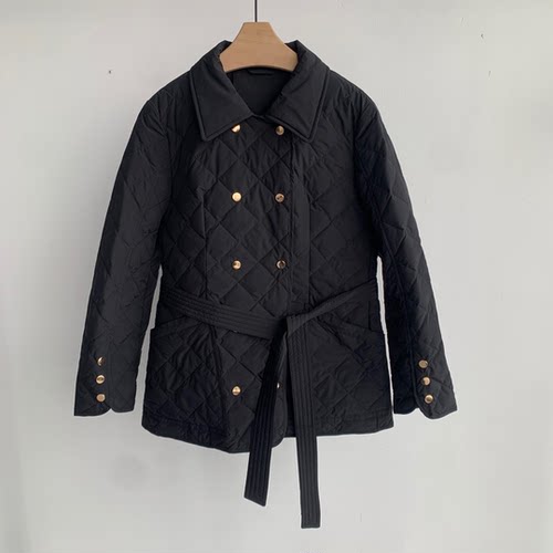 菱形格薄款气质翻领收腰款白鹅绒服外套羽绒服女中长款