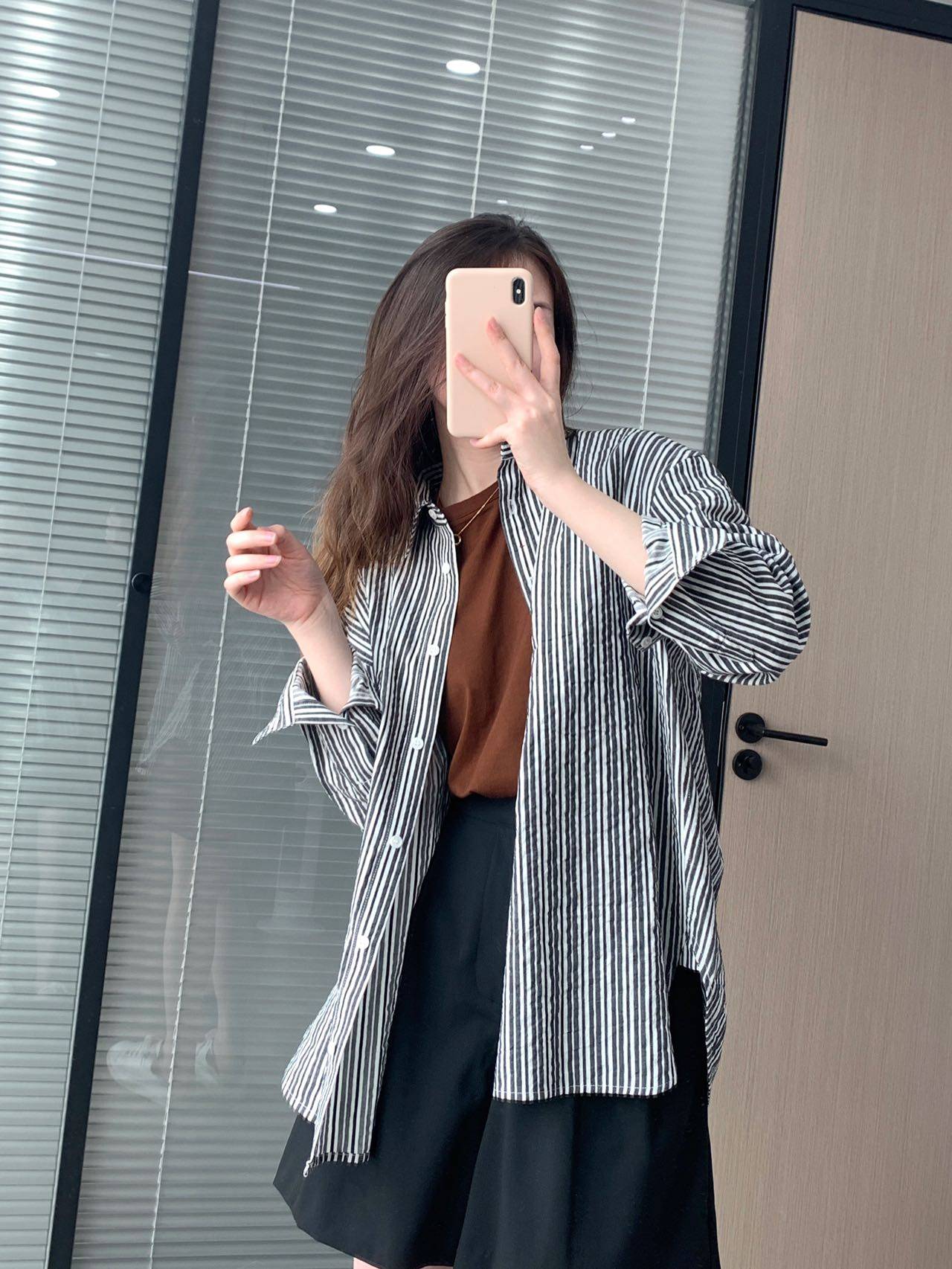 春季法式条纹绿色衬衫 翻领亚麻棉 品质 polo衬衫上衣女
