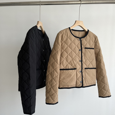 轻薄款 90鹅绒菱格绗线小香风撞色镶边圆领短款羽绒服秋冬女