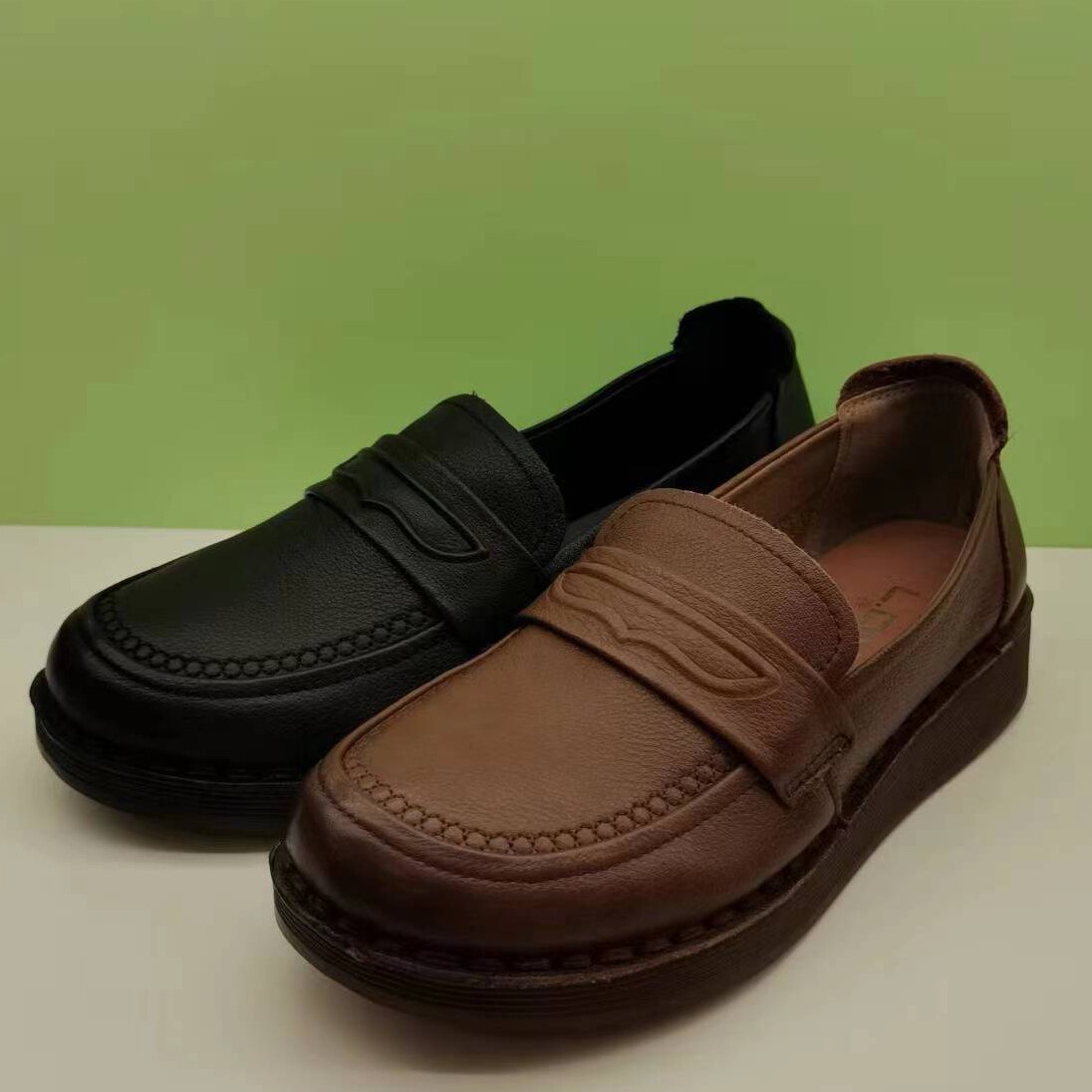 亮点女人2566-6专柜单鞋2023春季款牛皮圆头厚底一脚蹬乐福女鞋3