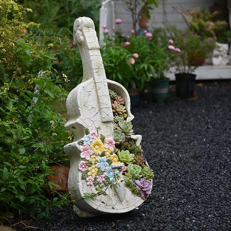 花园先生创意小提琴造型花盆水泥复古多肉植物种植盆装饰摆件