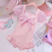 2025新款夏季甜美泳衣女童粉红色波点蝴蝶结连体泳装送同款泳帽