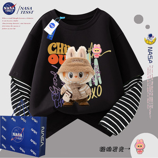 NASA联名女童发光拉布布假两件长袖T恤儿童春秋男童打底衫上衣潮
