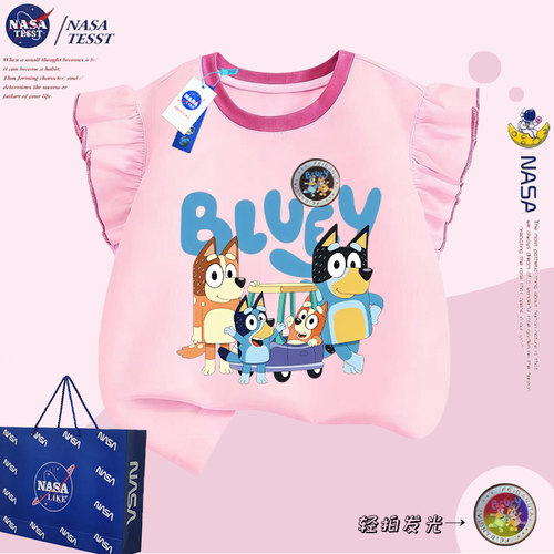 NASA联名女童发光纯棉短袖T恤夏