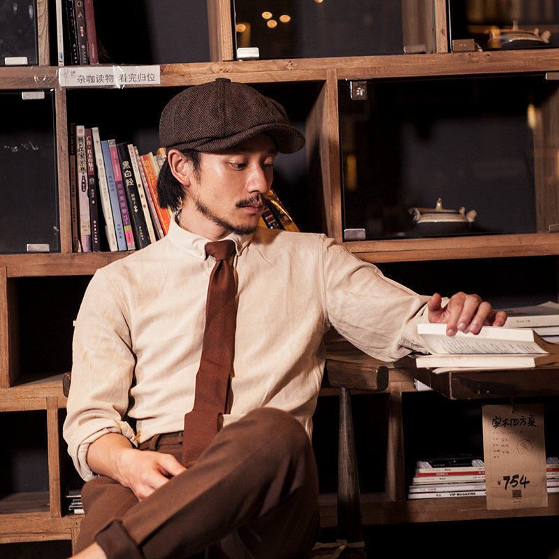 SOARIN英伦复古亚麻衬衫男 Vintage古着垂感商务休闲打底长袖衬衣