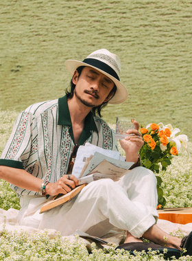 SOARIN英伦复古条纹短袖衬衫男 原创设计松弛感休闲古巴领花衬衣