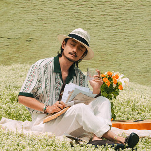 原创设计松弛感休闲古巴领花衬衣 男 SOARIN英伦复古条纹短袖 衬衫