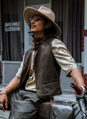 SOARIN复古美式西部风皮马甲男阿美咔叽做旧工装痞帅机车马夹背心