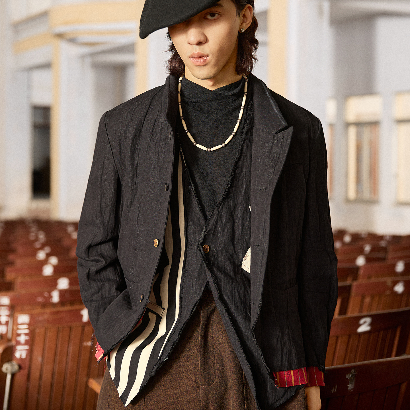 SOARIN独立复古新中式假两件西装外套男 设计感痞帅褶皱休闲西服