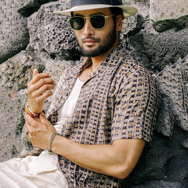 SOARIN英伦复古印花短袖衬衫男 Vintage古巴领休闲宽松巴洛克衬衣