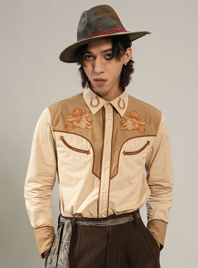 SOARIN复古美式西部风刺绣长袖衬衫男 阿美咔叽拼接休闲工装衬衣