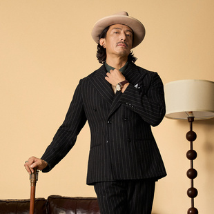 SOARIN英式 外套男绅士商务婚礼新郎条纹西服 复古戗驳领双排扣西装