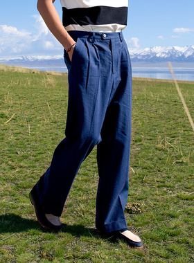 SOARIN英伦风复古直筒西装裤男 夏季薄款商务休闲蓝色垂感长裤子