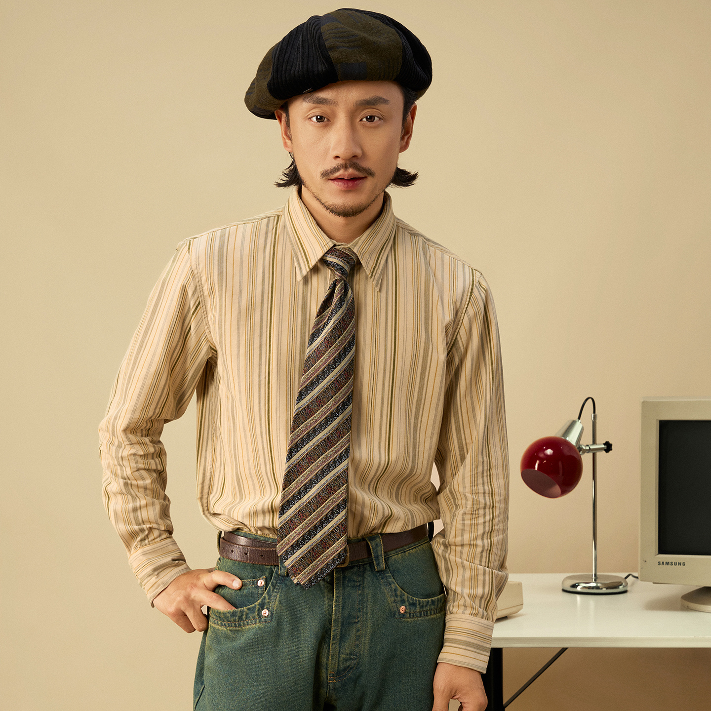 SOARIN英伦风复古纯棉条纹长袖衬衫男高级感商务休闲修身西装衬衣