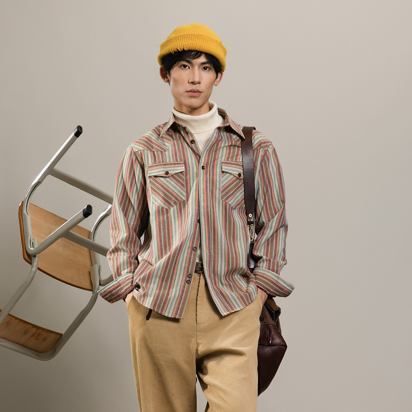 SOARIN美式复古彩虹条纹长袖衬衫男claenfit松弛感双口袋工装衬衣