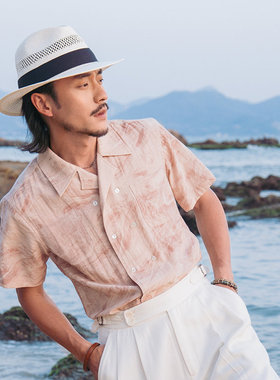 SOARIN法式复古双排扣短袖衬衫男老钱风粉色肌理纹绅士古巴领衬衣