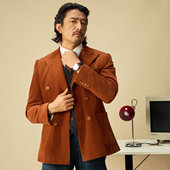 SOARIN英伦风复古灯芯绒西装 老钱风绅士商务双排扣单西服 外套男