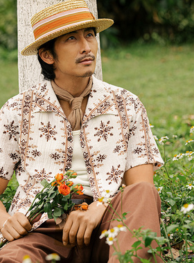 SOARIN英伦复古印花短袖衬衫男 泡泡纱薄款透气一片领夏威夷衬衣