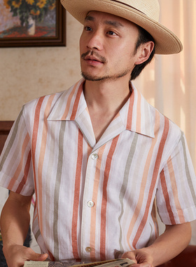 SOARIN英伦风复古条纹短袖衬衫男 商务休闲修身古巴领七分袖衬衣