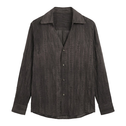 SOARIN复古英伦雅痞精纺棉V领衬衫男 宽松设计感休闲翻领长袖衬衣