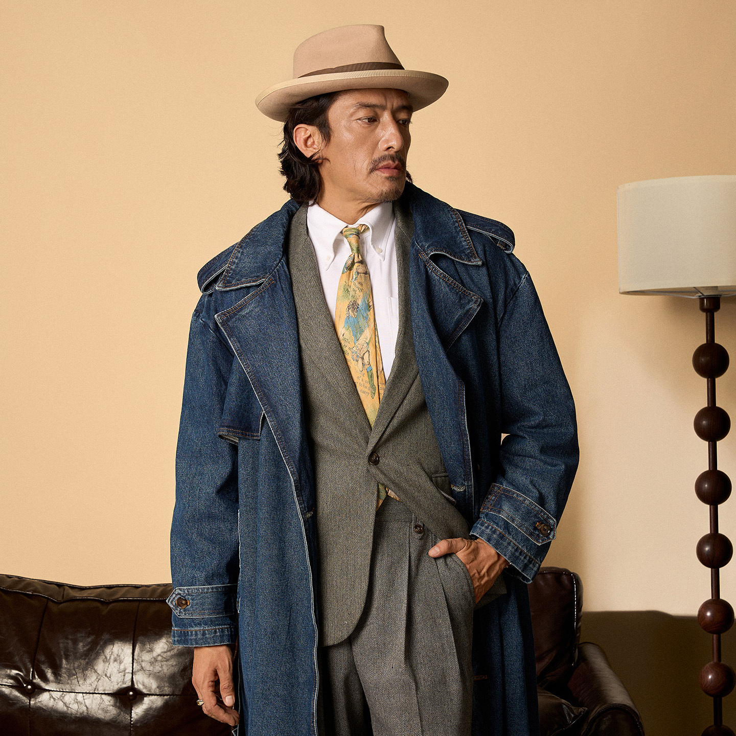 SOARIN美式复古水洗蓝牛仔大衣男 阿美咔叽休闲宽松中长款风衣冬