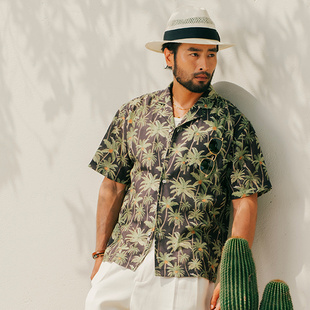 SOARIN复古美式夏威夷短袖衬衫男 椰子树海边休闲印花古巴领衬衣