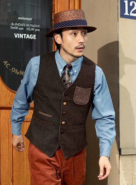 SOARIN英伦风复古羊毛呢西装马甲男 冬季商务休闲修身小马夹背心