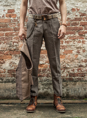 SOARIN英伦复古人字纹九分西装裤男 粗花呢痞帅商务修身直筒9分裤