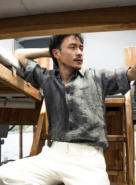 SOARIN英伦复古亚麻短袖衬衫男 雅痞褶皱薄款休闲做旧五分袖衬衣