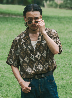 SOARIN复古意式古巴领印花短袖衬衫轻薄透气双排扣雅痞五分袖衬衣