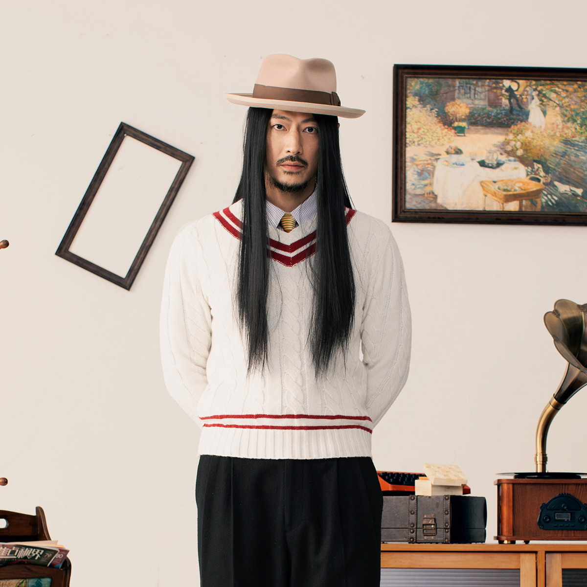 SOARIN英伦复古V领针织毛衣男 学院风撞色绞花休闲宽松打底毛线衣