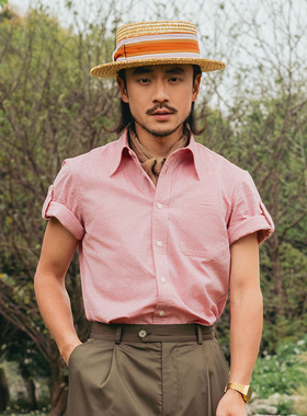SOARIN英伦风复古粉色短袖衬衫男 袖拌雅痞商务休闲通勤纯棉衬衣