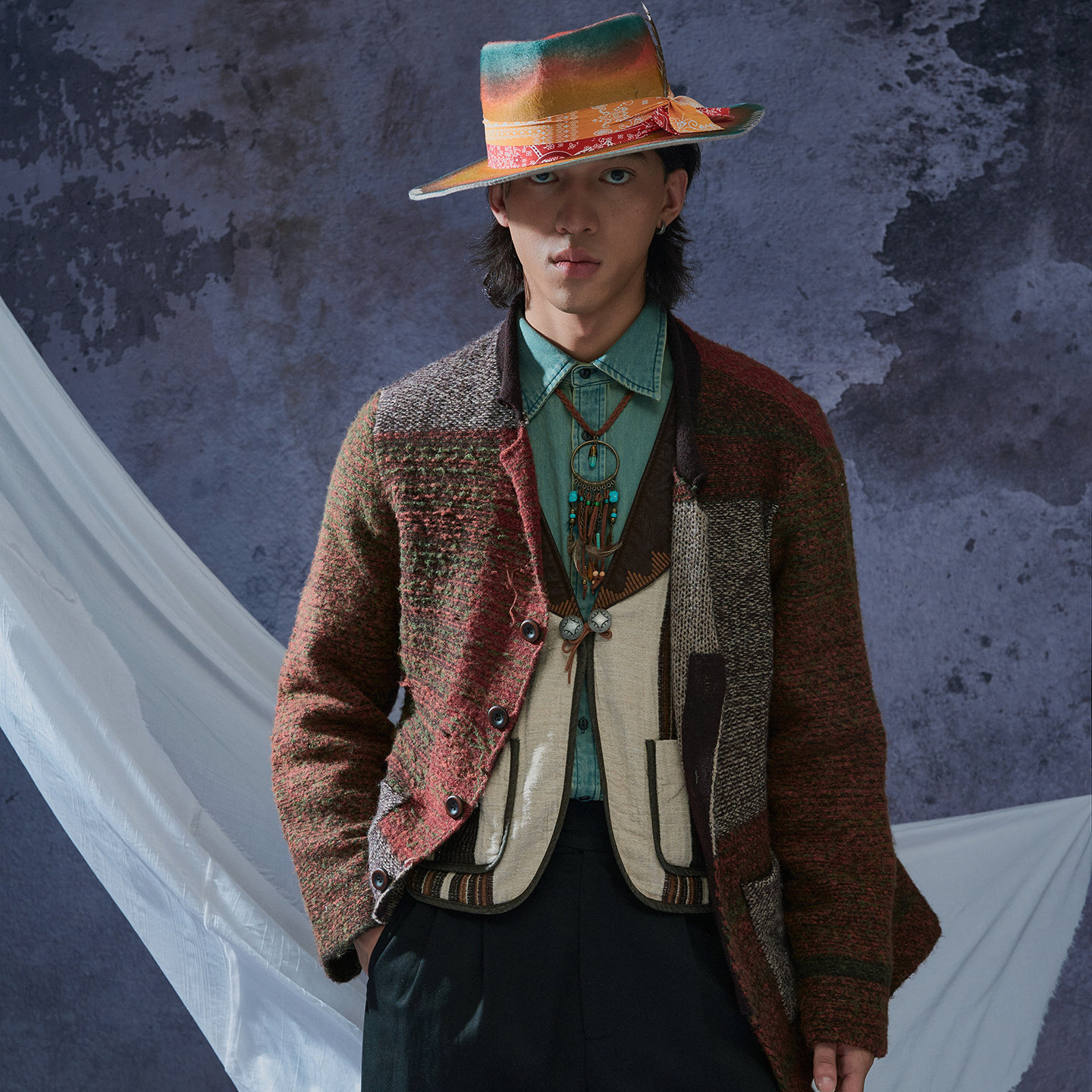 SOARIN英伦复古撞色费尔岛毛衣开衫男 Vintage古着感拼接针织外套