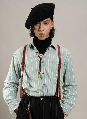 SOARIN美式复古条纹长袖衬衫男 vintage痞帅商务休闲纯棉西装衬衣