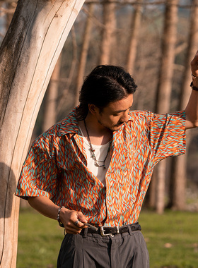 SOARIN意式复古印花短袖衬衫男薄款休闲修身古巴领夏威夷半袖衬衣