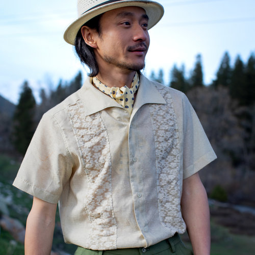 SOARIN英伦风复古拼接短袖衬衫男 原创设计感肌理纹五分袖花衬衣